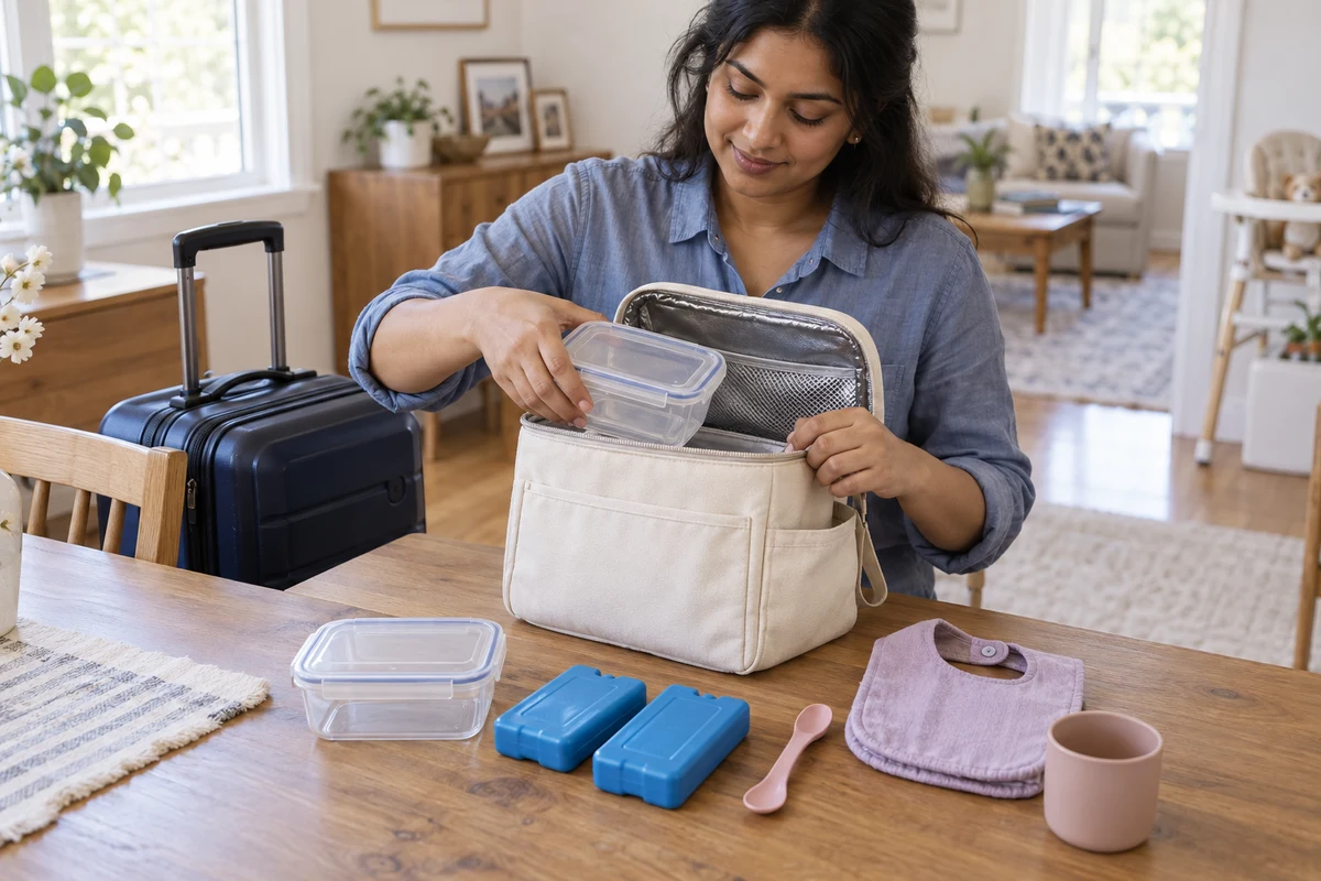 Parent packing empty food containers and clean feeding equipment beside a suitcase. AI-generated illustration.