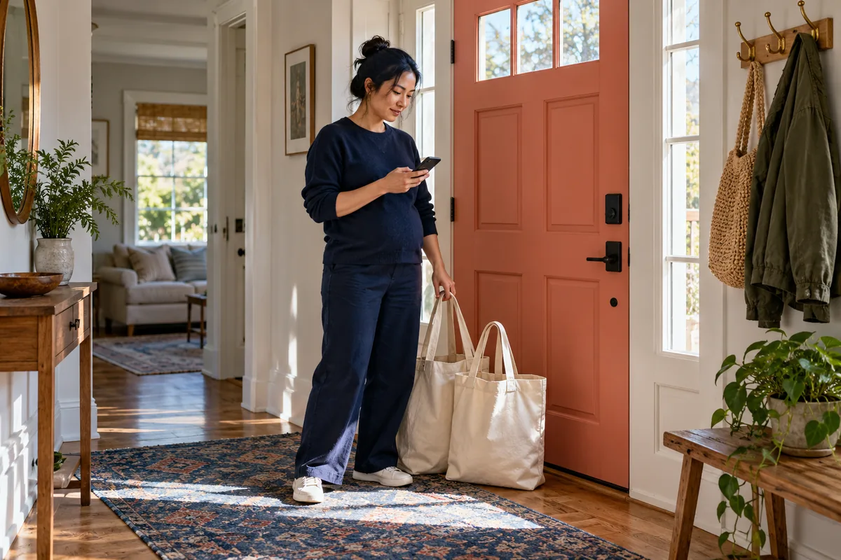 AI illustration: Asian adult checking a grocery list on a phone beside empty reusable bags