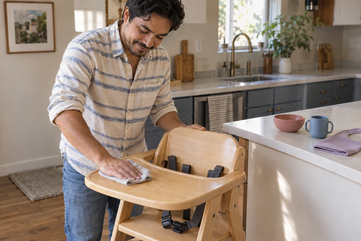 Parent wiping the tray of an empty high chair after mealtime. AI-generated illustration.