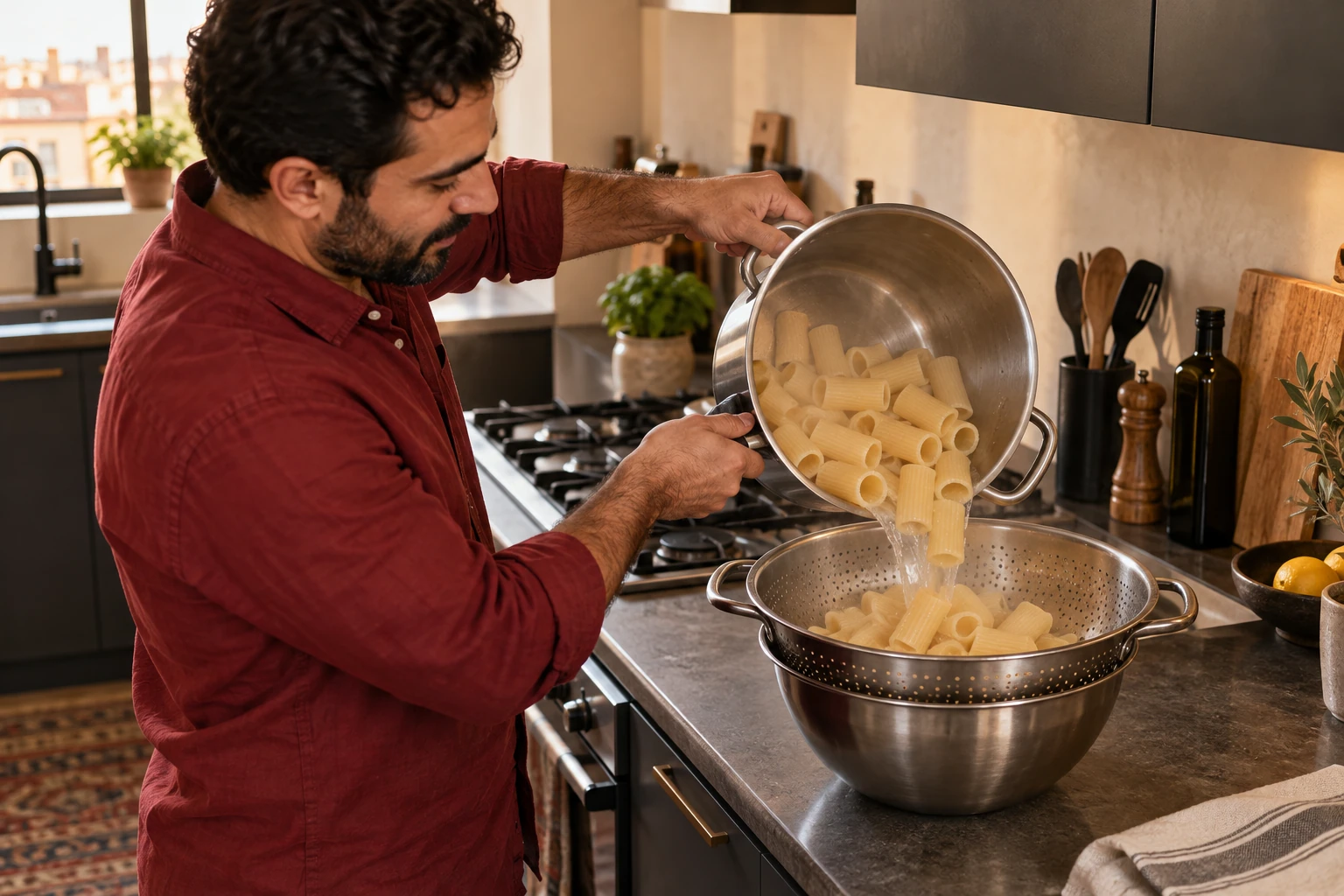 An adult draining large rigatoni tubes into a colander during cooking