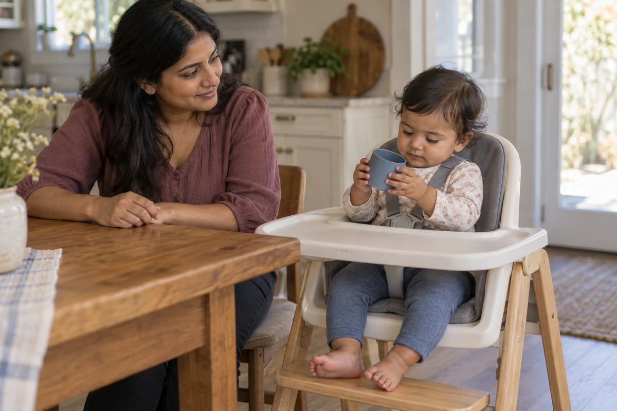 Baby holding an empty open cup beside a seated parent. AI-generated illustration.