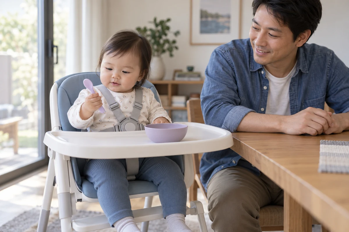 Baby holding an empty spoon beside a seated parent. AI-generated illustration.