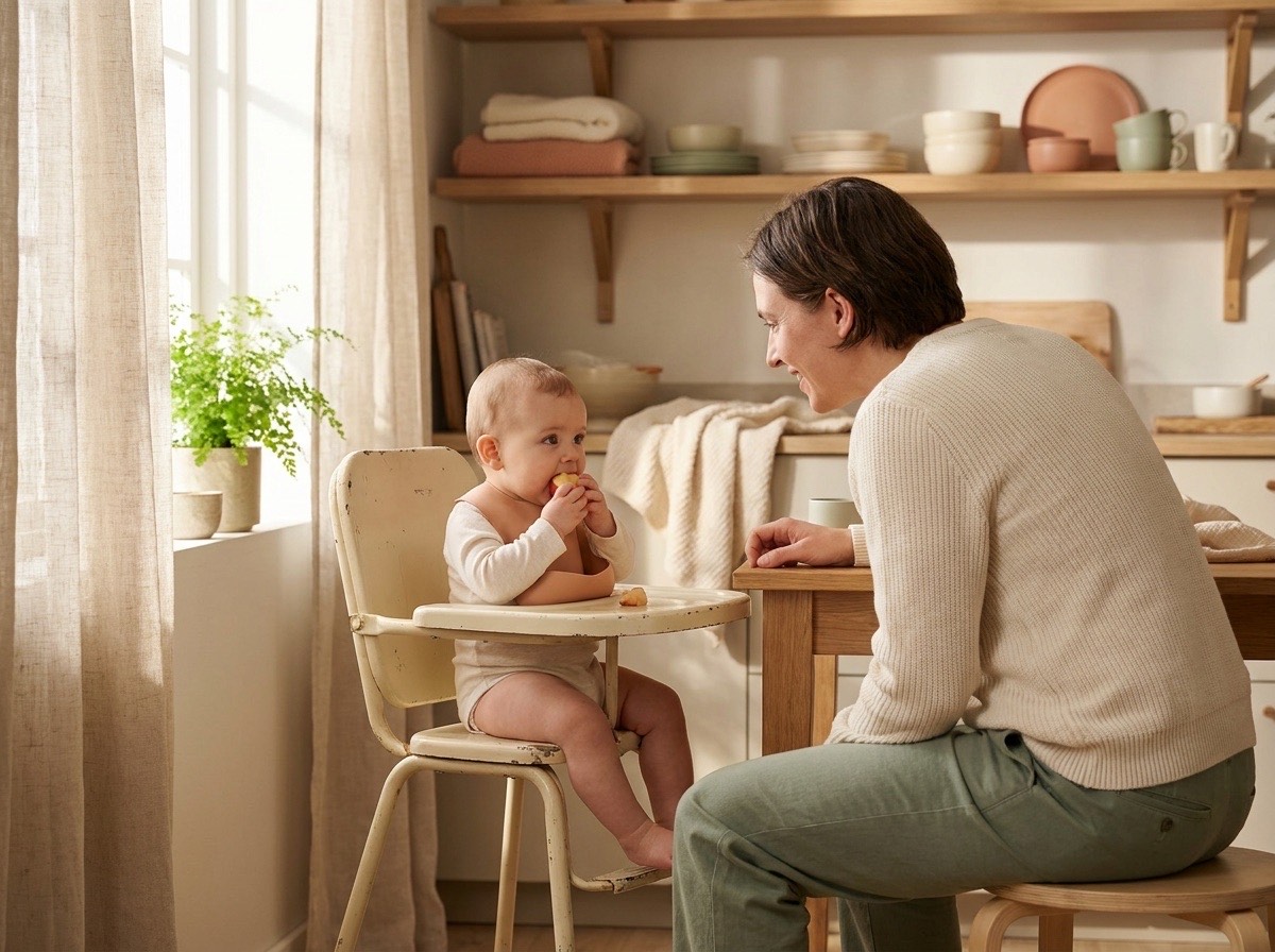 Rolig forælder der ser sin baby spise