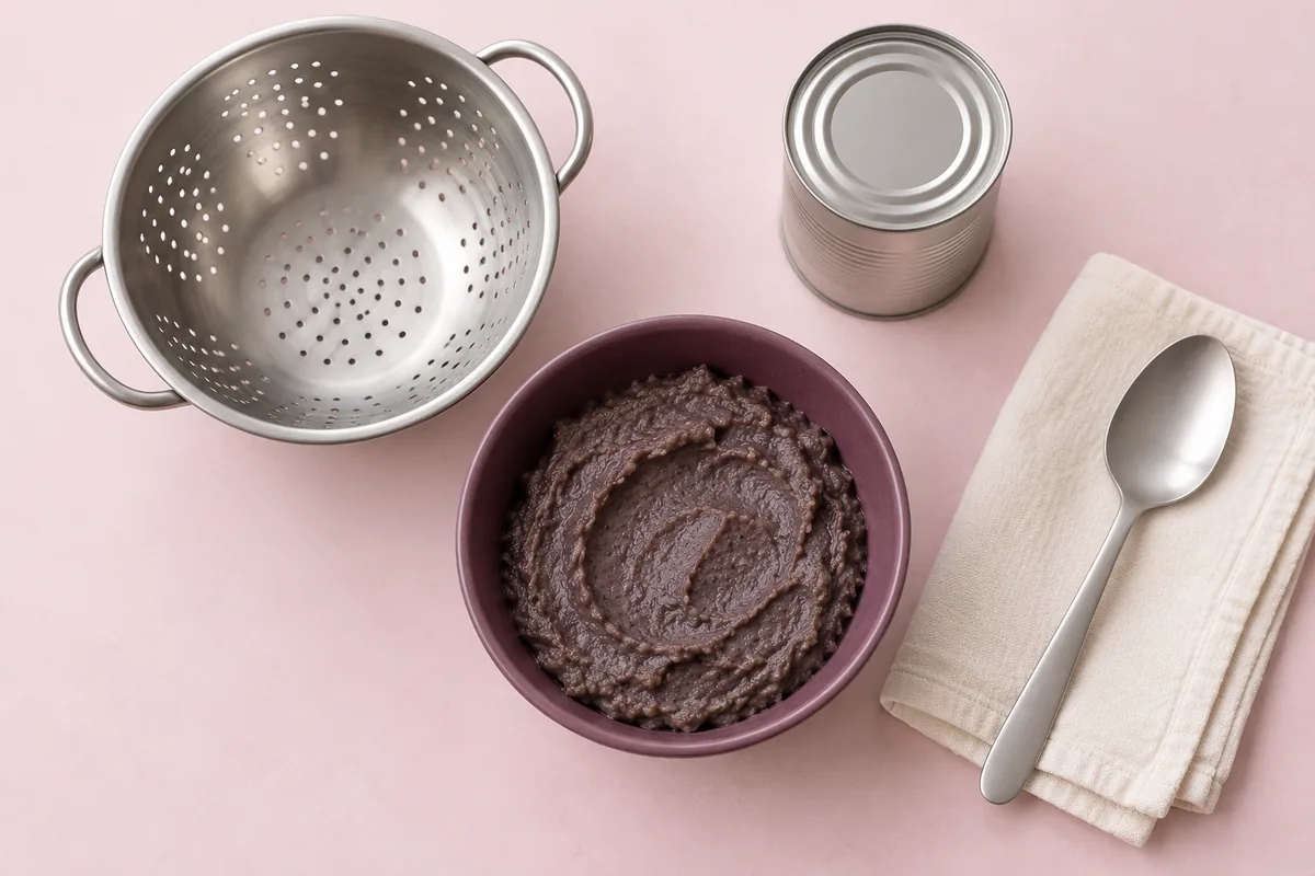 AI illustration: black bean purée in a plum bowl, empty colander, blank can, spoon