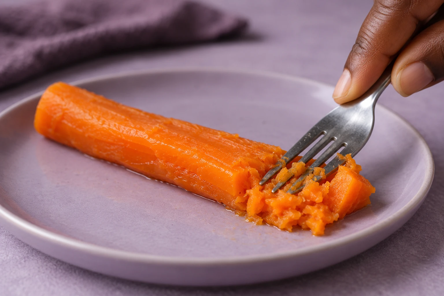 An adult presses the end of a long cooked carrot piece with a fork on a lavender plate. AI-generated photograph.