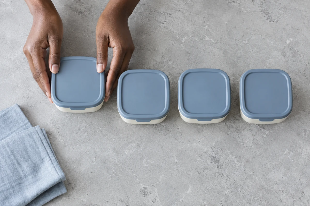 Hands arranging closed storage containers on a gray counter. AI-generated illustration.