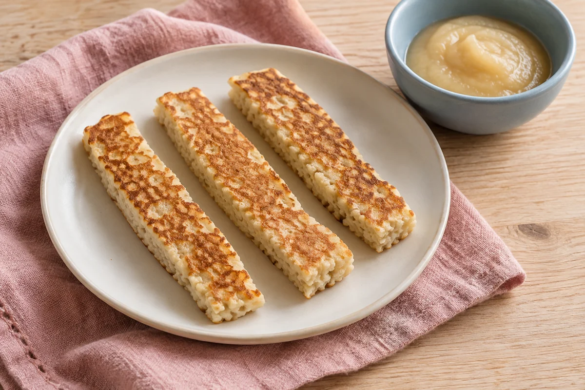 Pancakes cut into long strips on a plate. AI-generated illustration, not a photographed recipe batch.