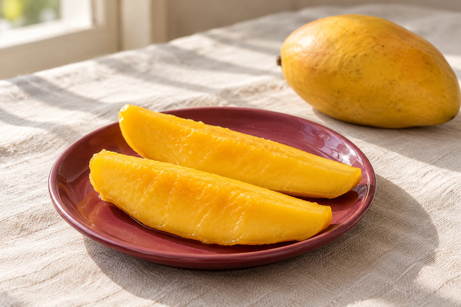 Two peeled mango spears on a raspberry plate, with a separate whole mango behind. AI-generated photograph.