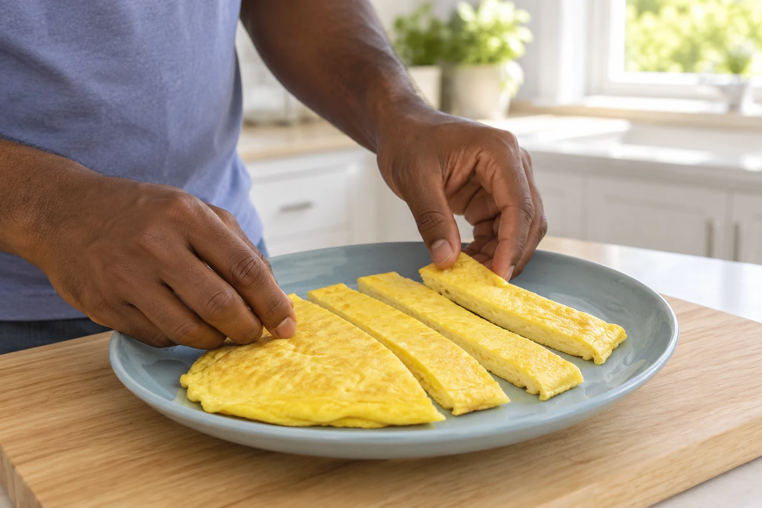 Angled close-up of a plain omelet cut into broad strips, with an adult's hands nearby