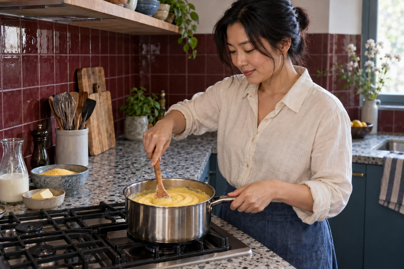 A woman stirring a pot of creamy polenta on the stove in a kitchen.