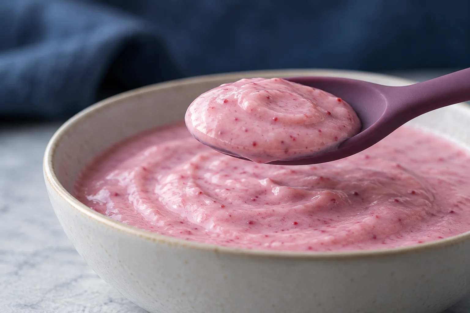 Close-up of a spoon loaded with mashed raspberry yogurt, positioned above a bowl of more raspberry yogurt.