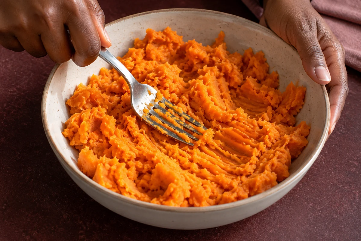 AI illustration: adult mashing peeled, cooked sweet potato in a bowl on a burgundy counter