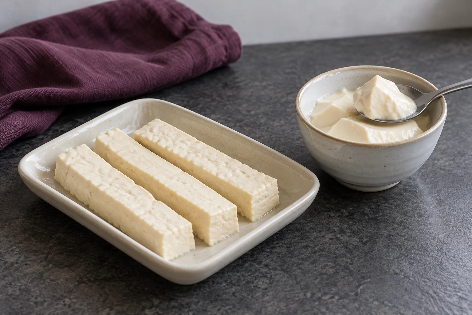 Long tofu strips on a ceramic plate beside silken tofu and a spoon