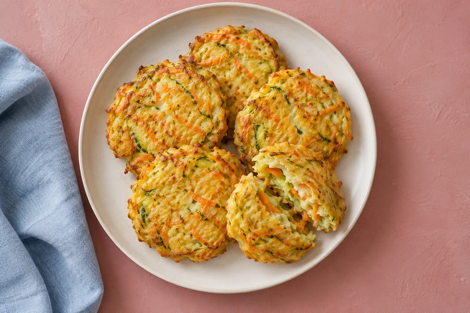 Overhead view of zucchini carrot fritters on a ceramic plate