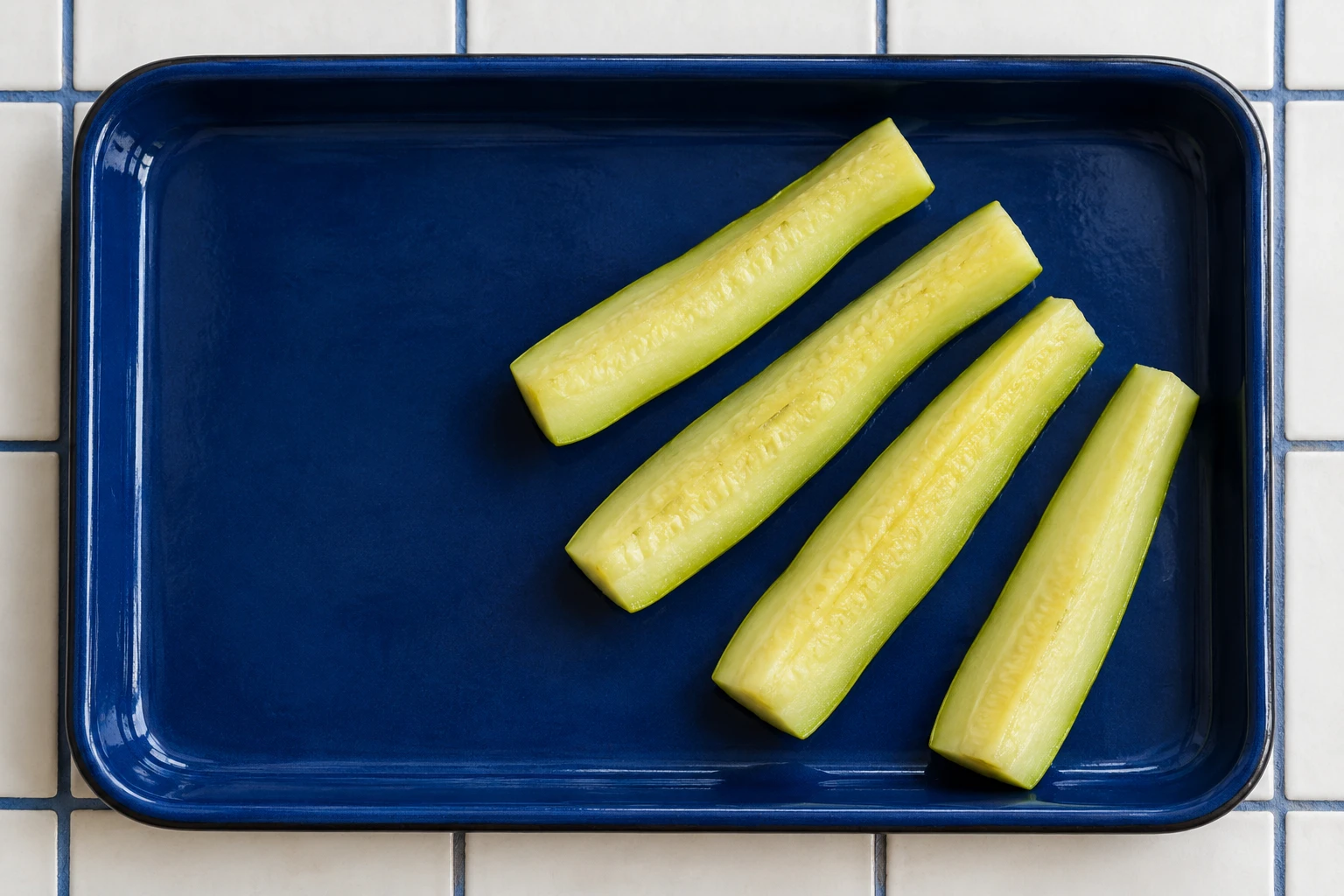 Peeled cooked zucchini spears arranged on a cobalt-blue tray over pale kitchen tiles. AI-generated photograph.