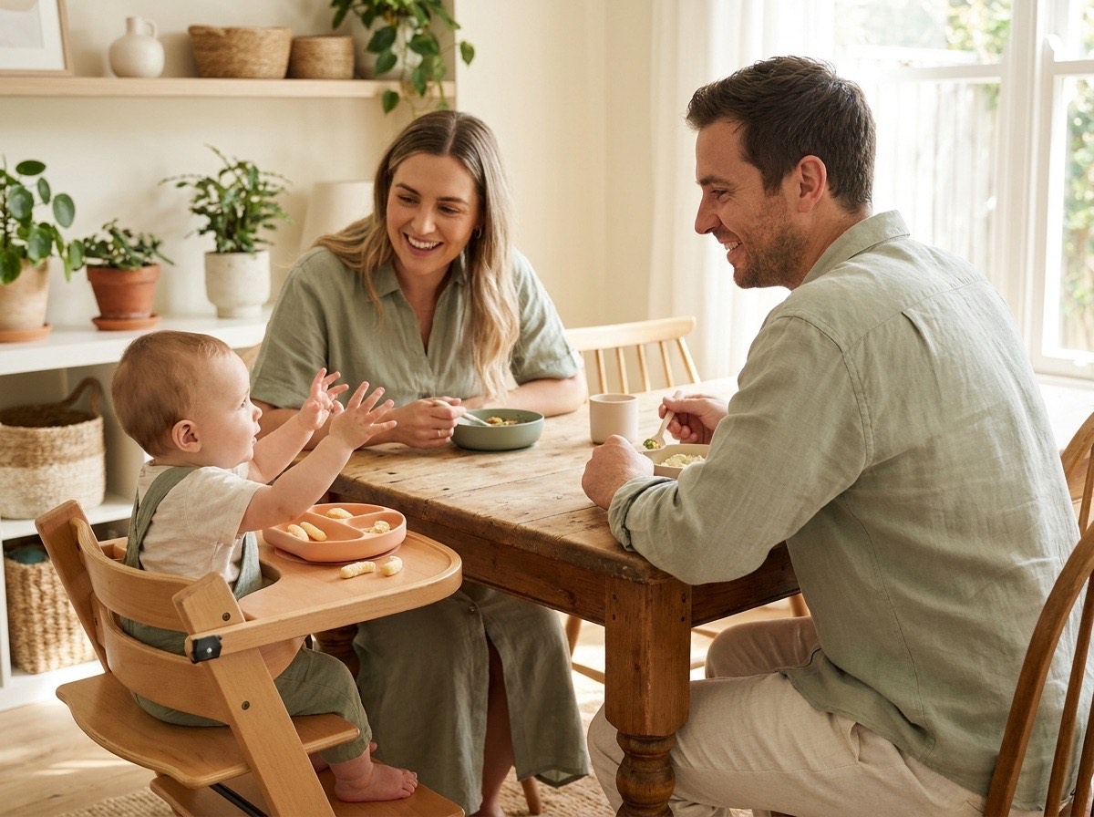 Padres compartiendo una comida con su bebé en la mesa familiar