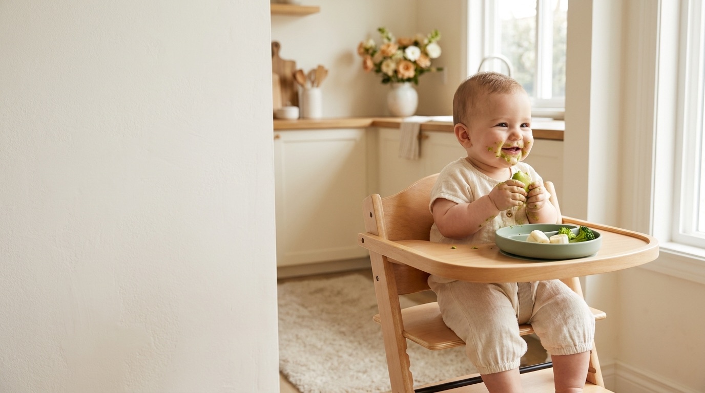 Bebé feliz comiendo alimentos blandos en su silla alta
