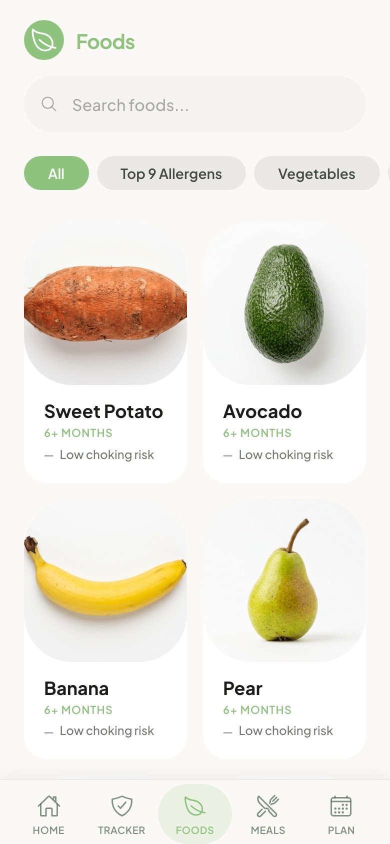 Pantalla de biblioteca de alimentos