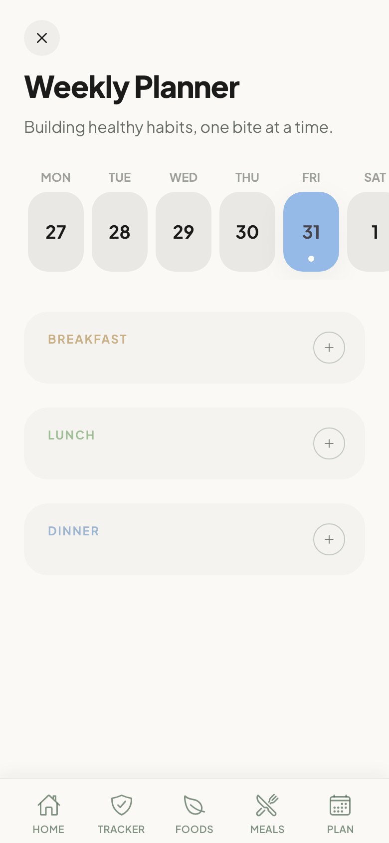 Weekly meal planner screen in the Yummy Bites app